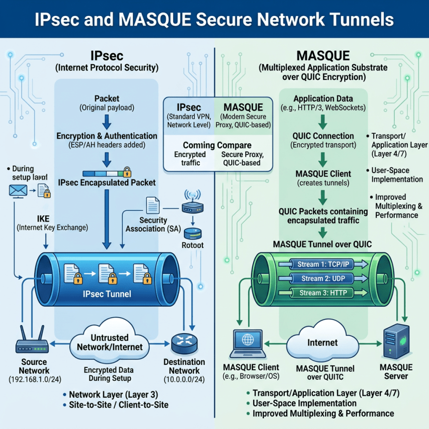Diagram comparing IPsec and MASQUE secure network tunnels